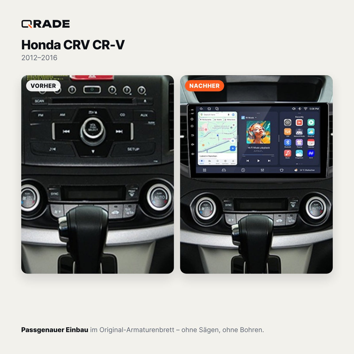 Honda CRV CR-V 2012-2016 – Autoradio mit Wireless CarPlay & Android Auto (Rahmen CRV126（A）)