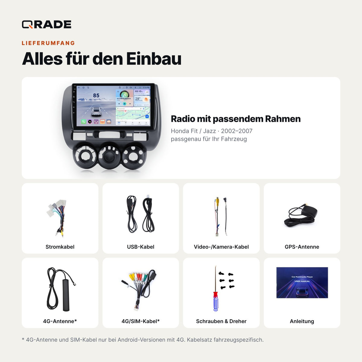 Honda Fit / Jazz 2002-2007 – Autoradio mit Wireless CarPlay & Android Auto (Rahmen Fit207-LHD （A）)