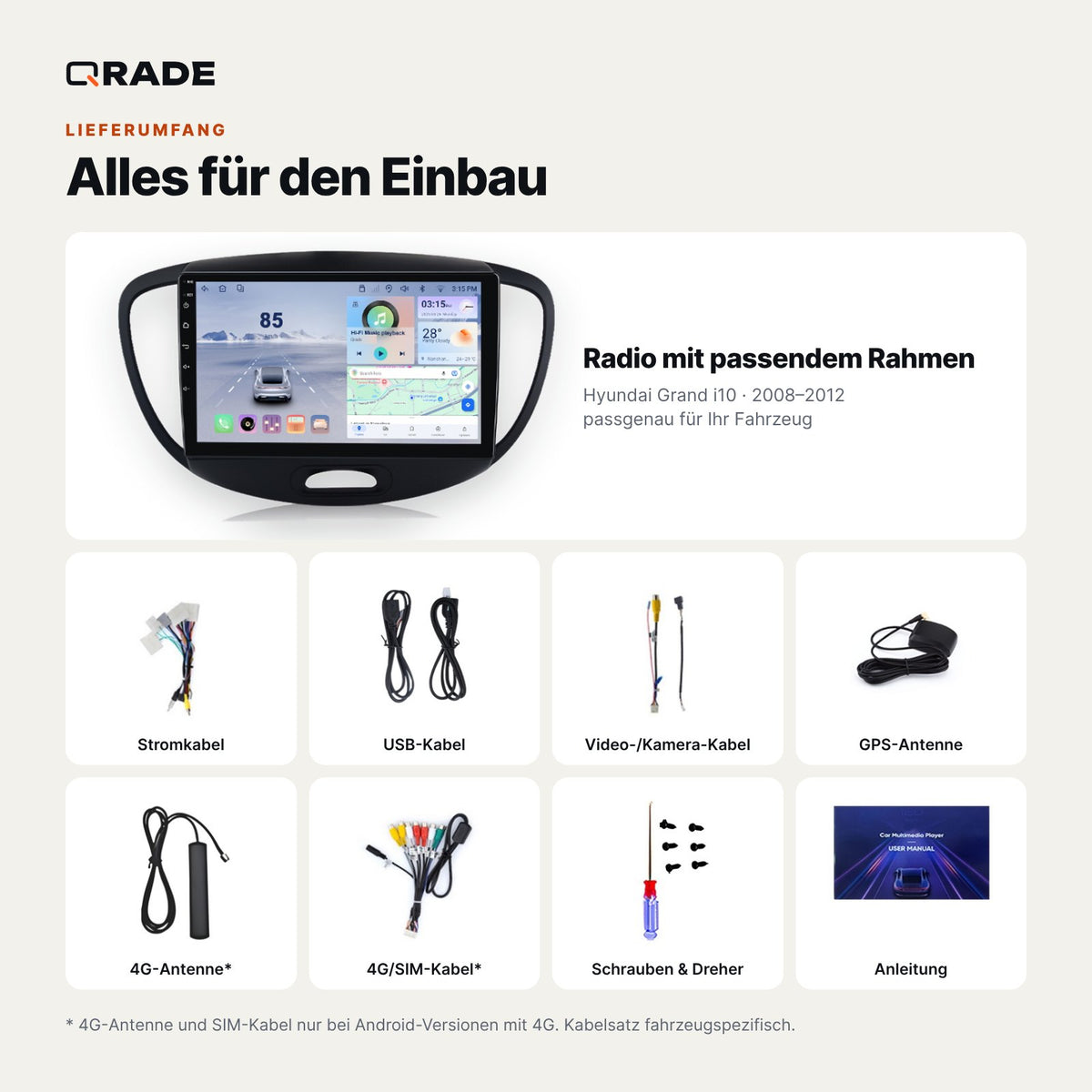 Hyundai Grand i10 2008-2012 – Autoradio mit Wireless CarPlay & Android Auto