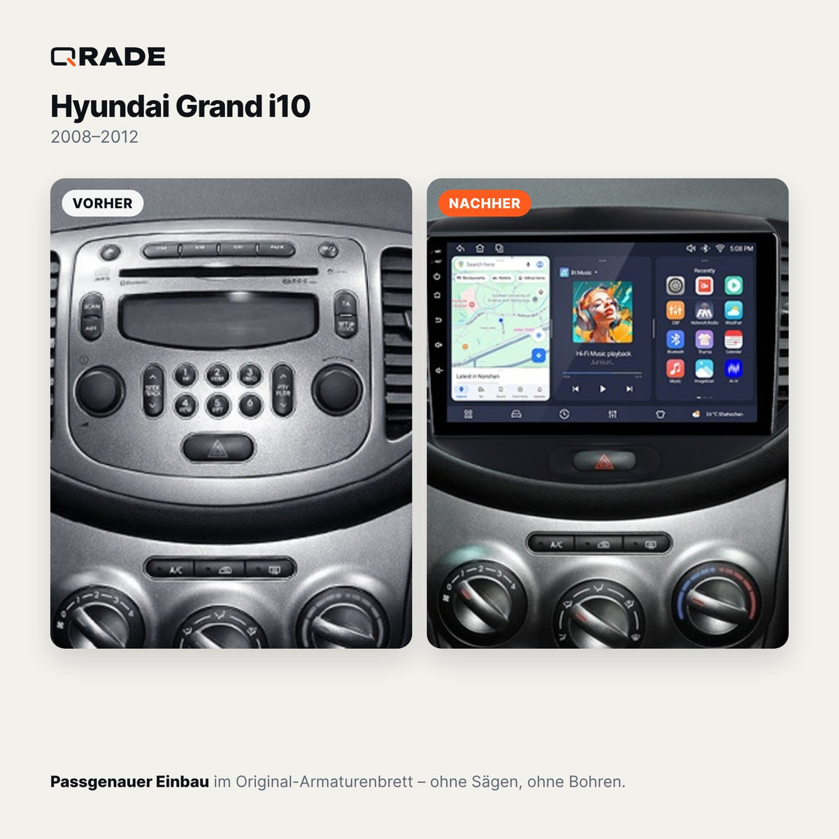 Hyundai Grand i10 2008-2012 – Autoradio mit Wireless CarPlay & Android Auto