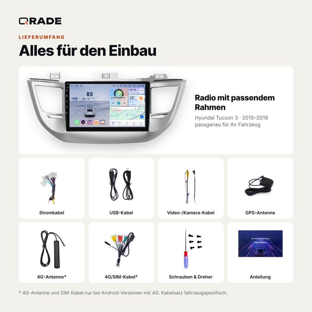 Hyundai Tucson 3 2015 - 2018 – Autoradio mit Wireless CarPlay & Android Auto (Rahmen IX35（A）)