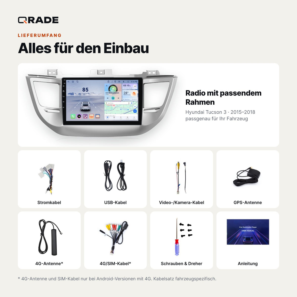 Hyundai Tucson 3 2015 - 2018 – Autoradio mit Wireless CarPlay & Android Auto (Rahmen IX35（A）)