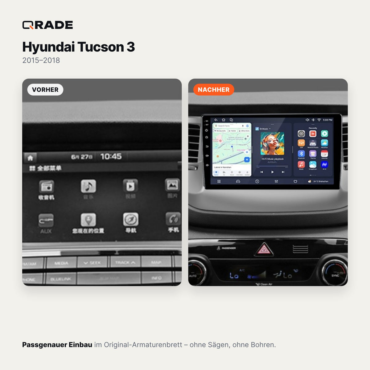 Hyundai Tucson 3 2015 - 2018 – Autoradio mit Wireless CarPlay & Android Auto (Rahmen IX35（A）)