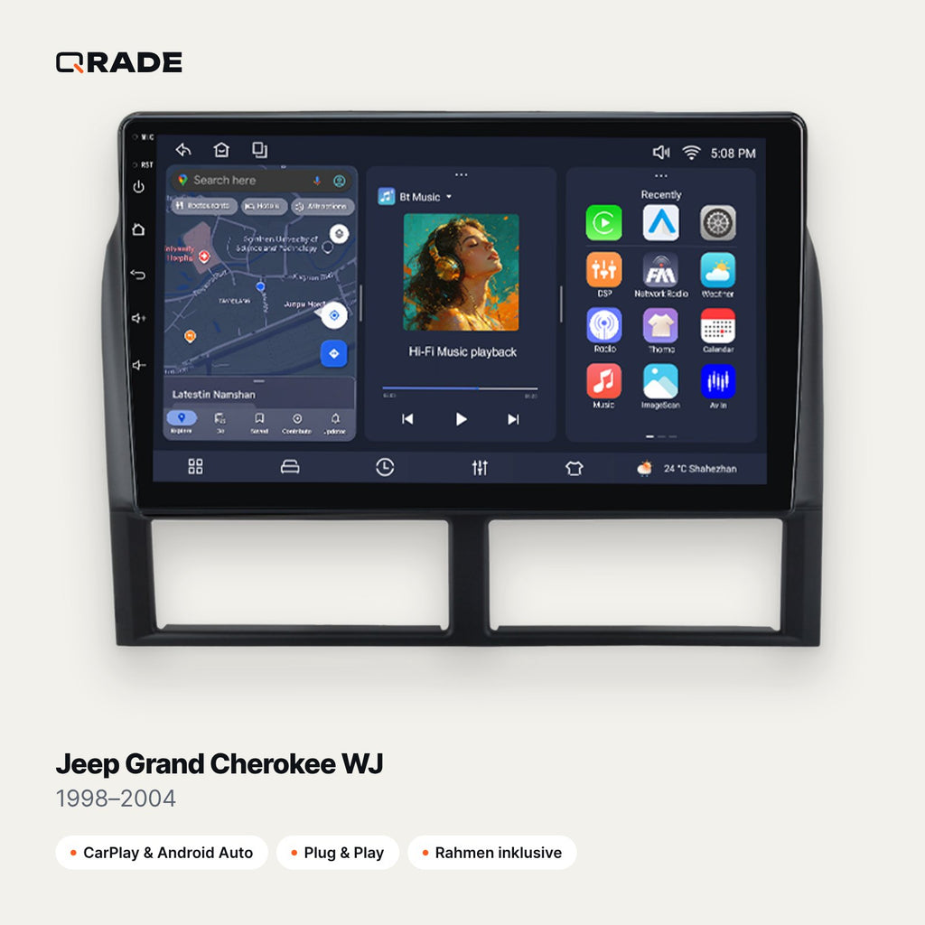 Qrade Autoradio für Jeep Grand Cherokee WJ (1998–2004) mit Wireless CarPlay & Android Auto