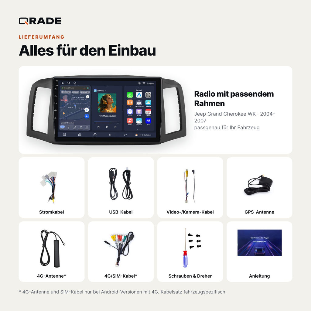 Lieferumfang: Jeep Grand Cherokee WK (2004–2007) – Qrade Autoradio mit Rahmen und Kabelsatz