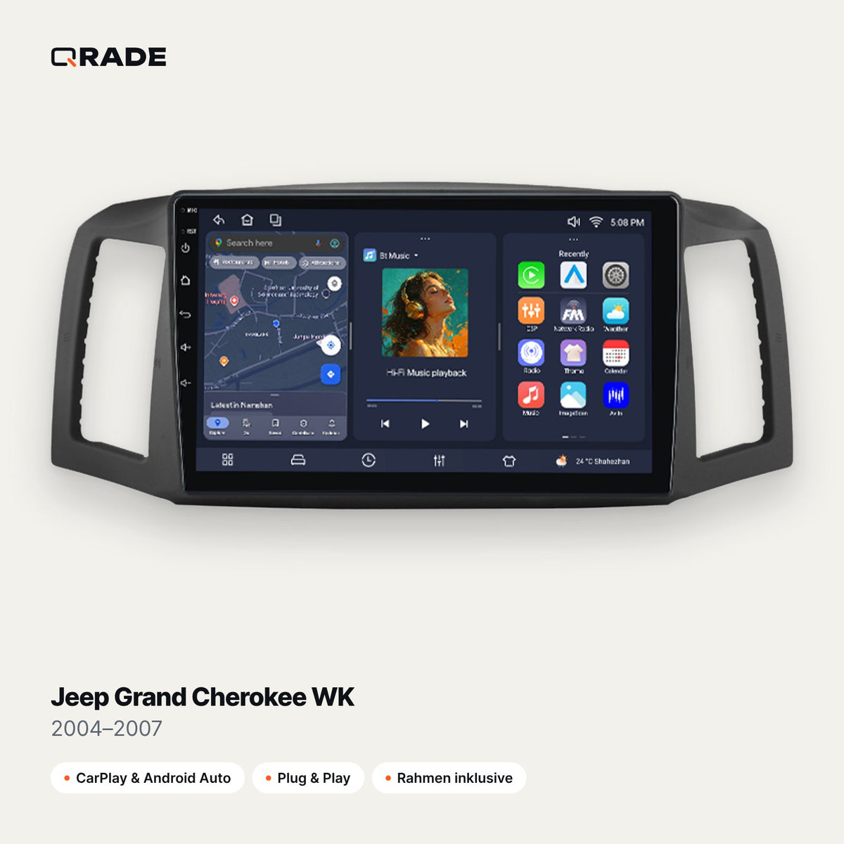 Qrade Autoradio für Jeep Grand Cherokee WK (2004–2007) mit Wireless CarPlay & Android Auto