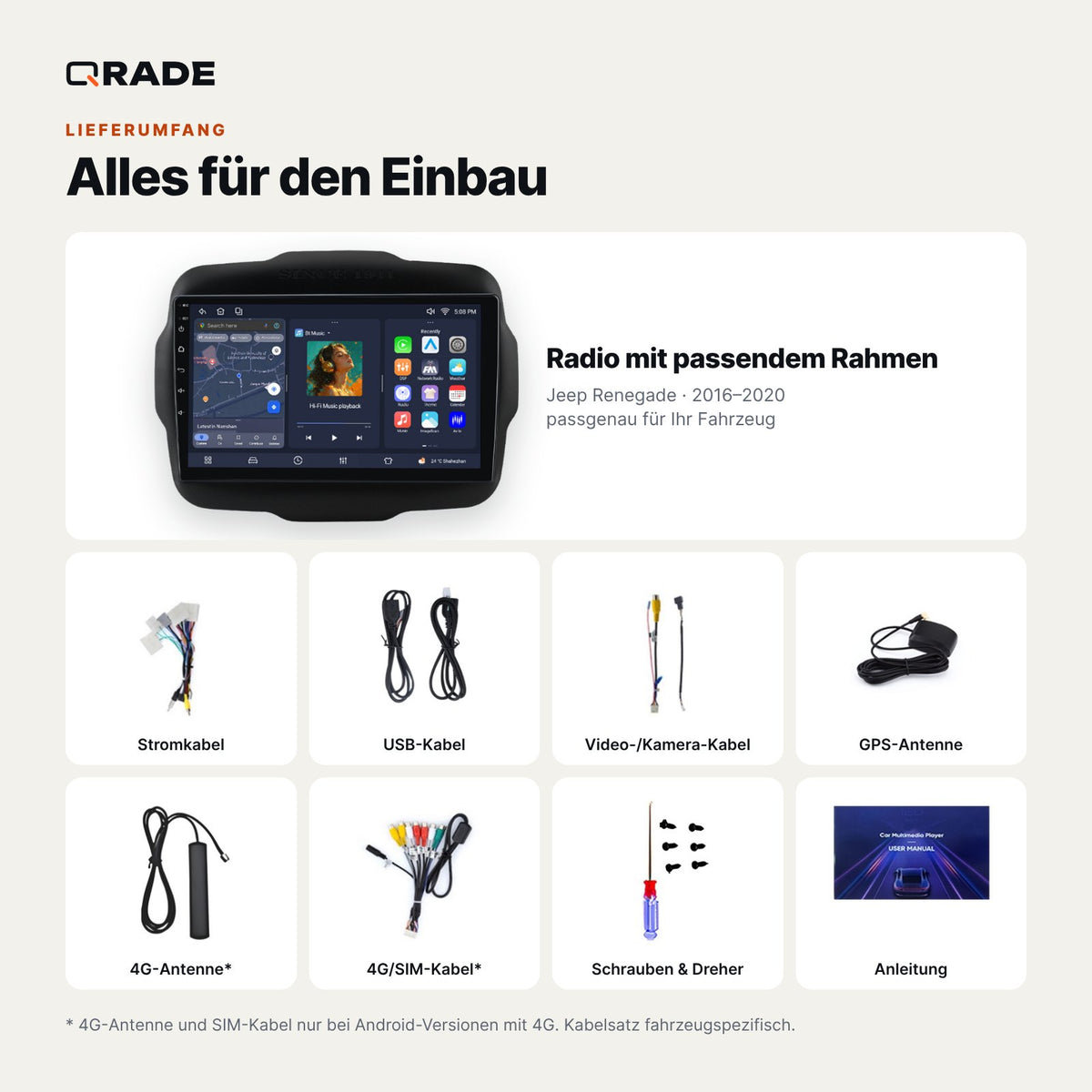 Lieferumfang: Jeep Renegade (2016–2020) – Qrade Autoradio mit Rahmen und Kabelsatz