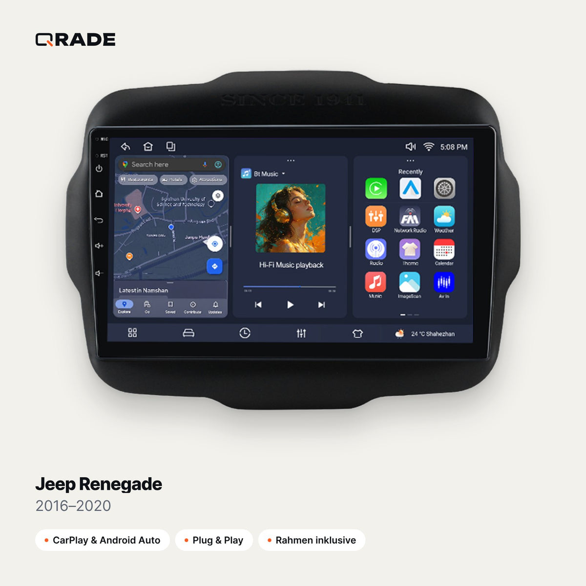 Qrade Autoradio für Jeep Renegade (2016–2020) mit Wireless CarPlay & Android Auto