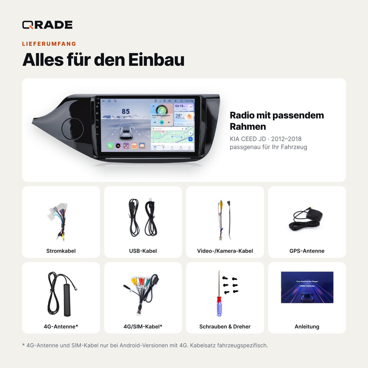 Kia Ceed JD (2012–2018) – Autoradio mit Wireless CarPlay & Android Auto (Rahmen CEED2)
