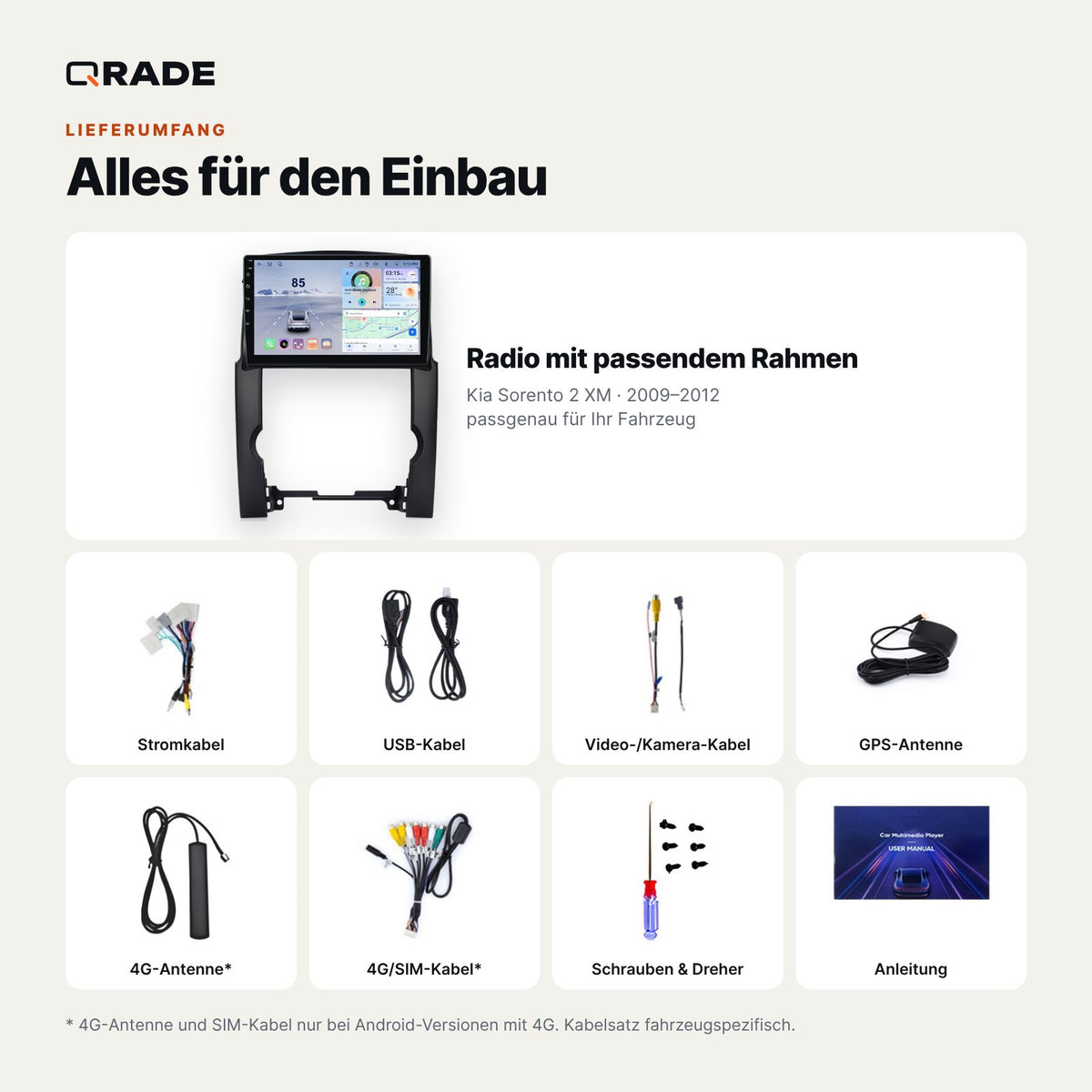 Kia Sorento XM (2009–2012) – Autoradio mit Wireless CarPlay & Android Auto (Rahmen SORENTO A)