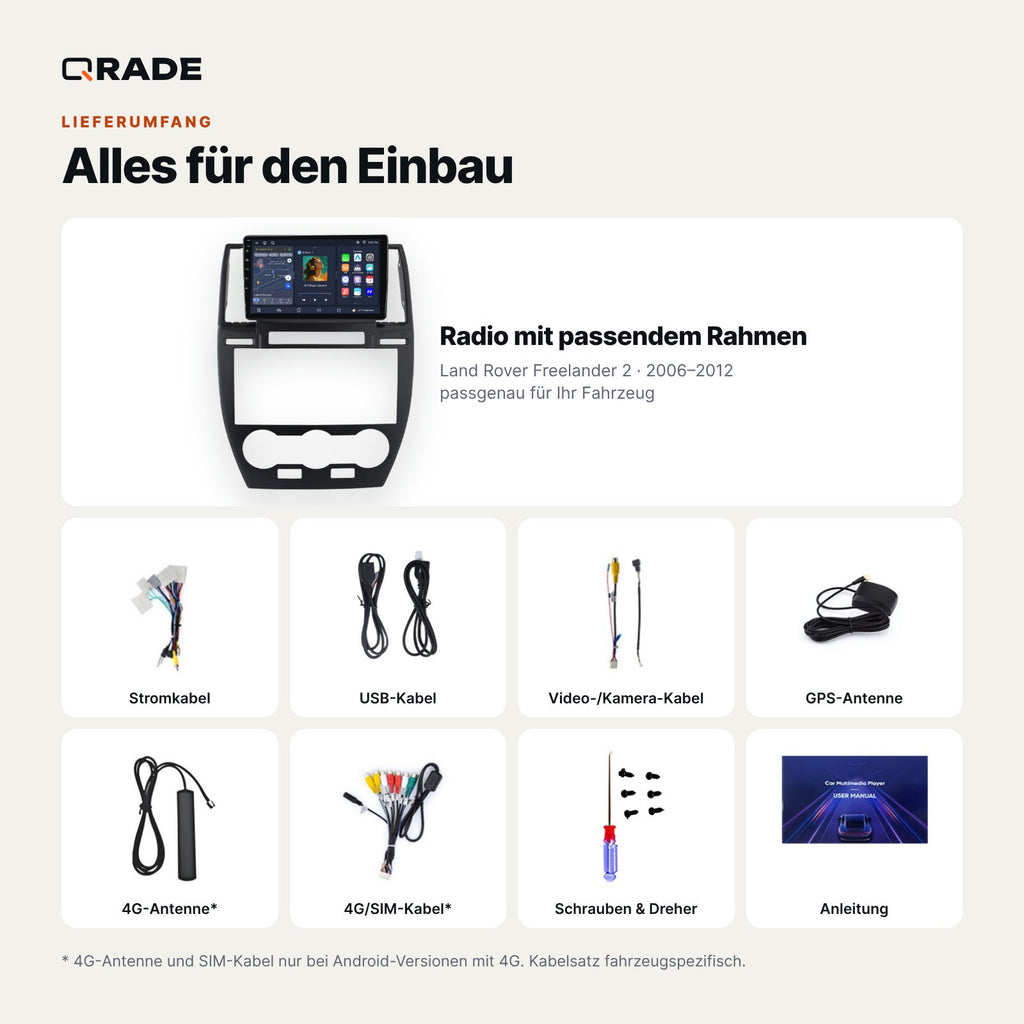 Lieferumfang: Land Rover Freelander 2 (2006–2012) – Qrade Autoradio mit Rahmen und Kabelsatz