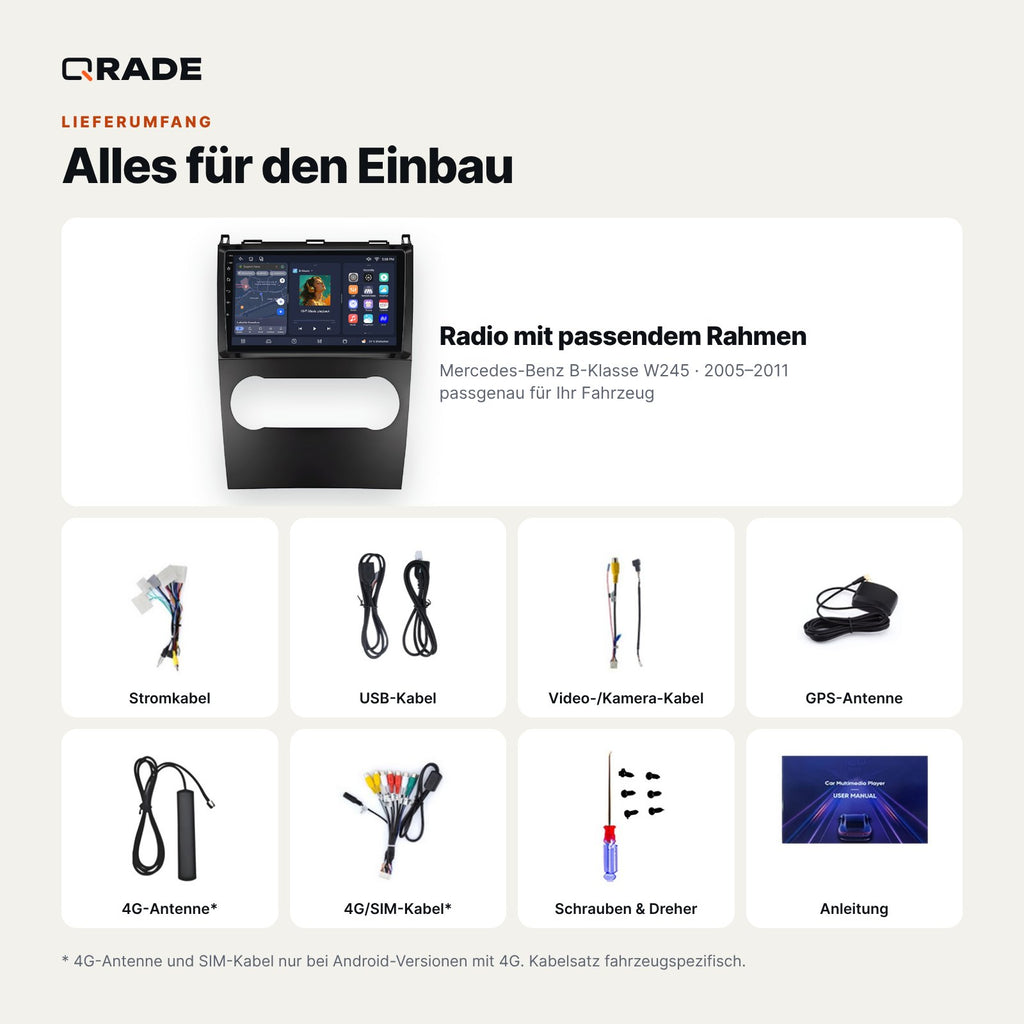 Lieferumfang: Mercedes-Benz B-Klasse W245 (2005–2011) – Qrade Autoradio mit Rahmen und Kabelsatz