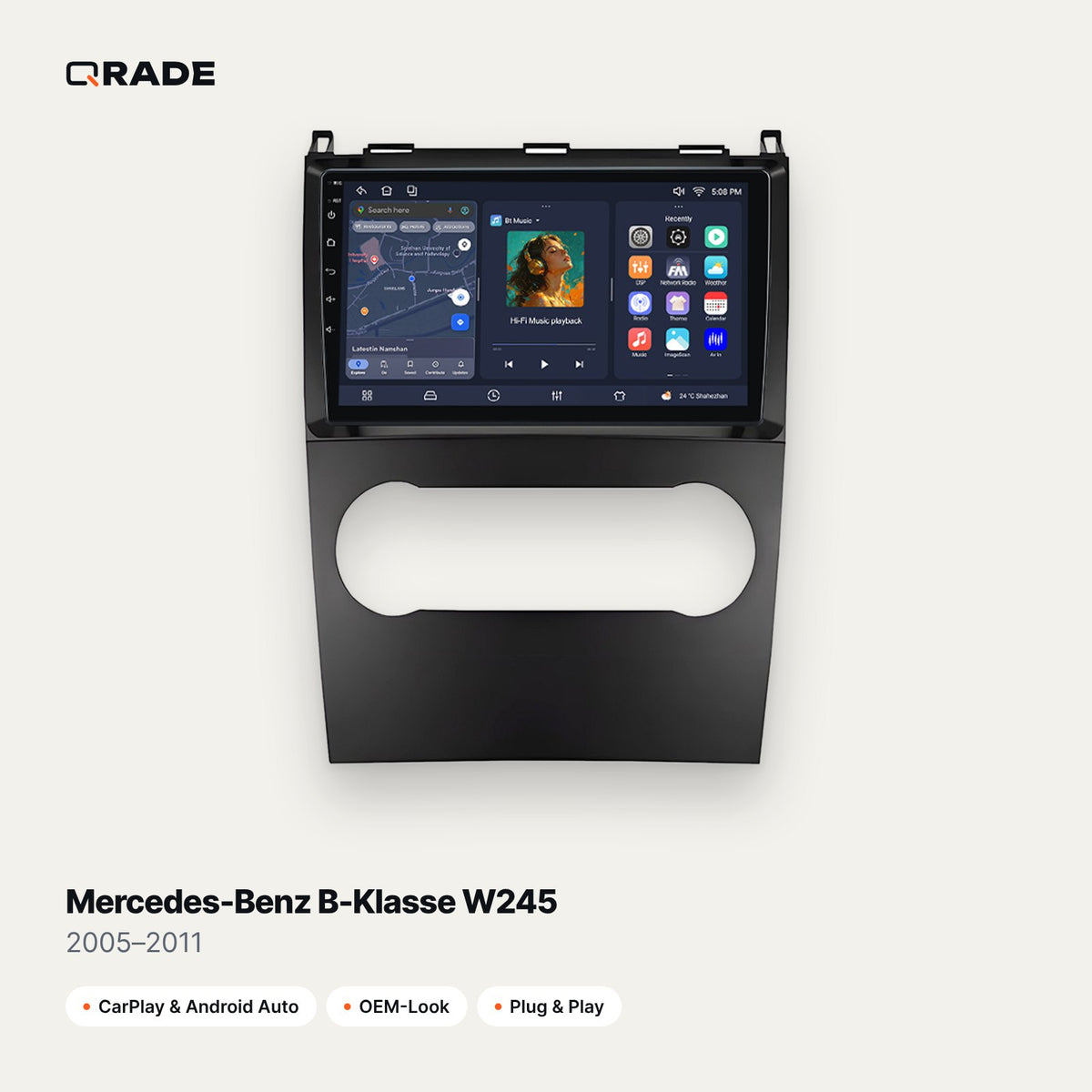 Qrade OEM-Look Autoradio für Mercedes-Benz B-Klasse W245 (2005–2011) mit Wireless CarPlay & Android Auto
