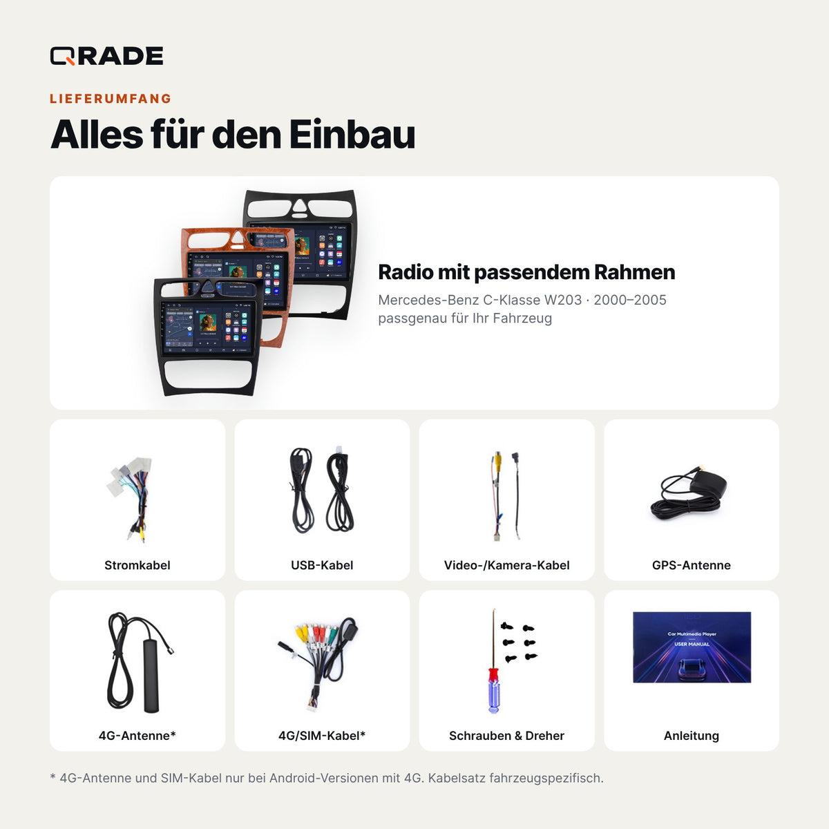 Lieferumfang: Mercedes-Benz C-Klasse W203 (2000–2005) – Qrade Autoradio mit Rahmen und Kabelsatz