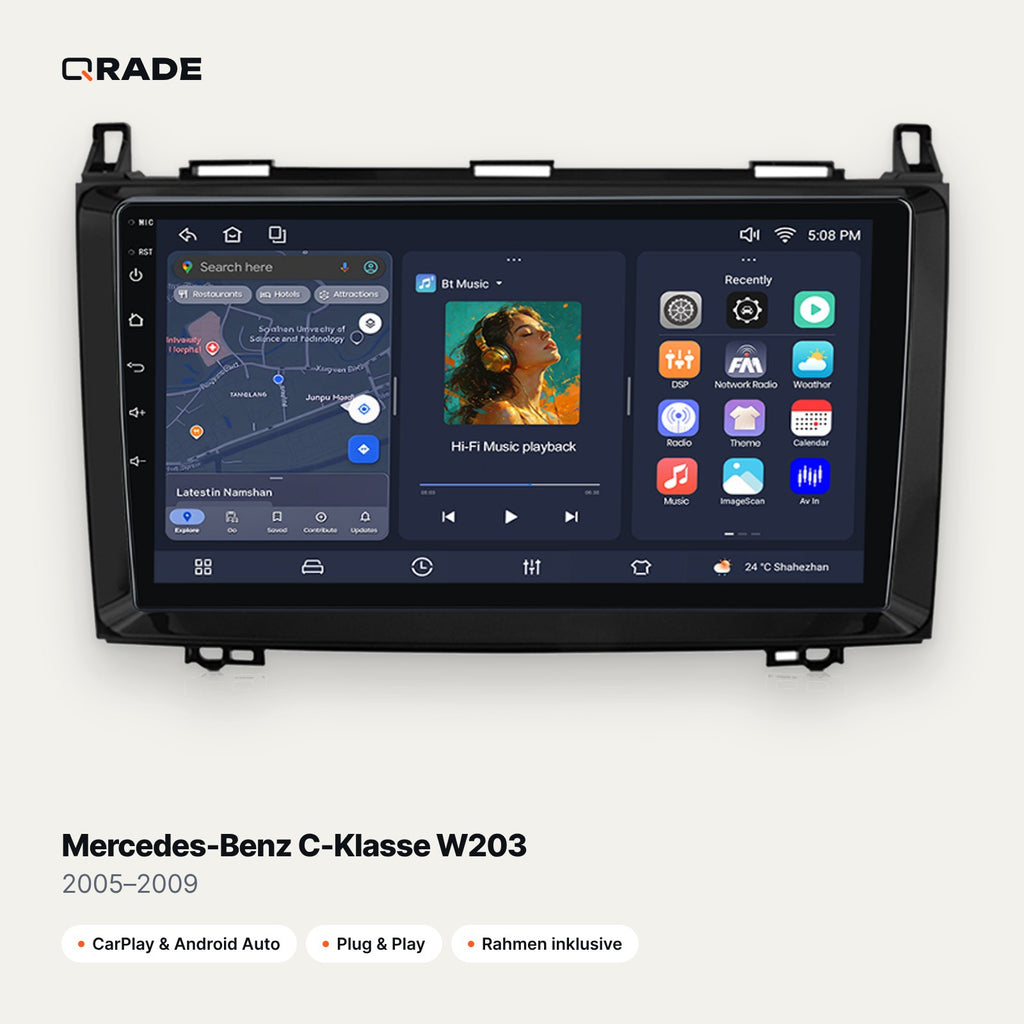 Qrade Autoradio für Mercedes-Benz C-Klasse W203 (2005–2009) mit Wireless CarPlay & Android Auto
