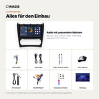 Lieferumfang: Mercedes-Benz C-Klasse W203 (2005–2009) – Qrade Autoradio mit Rahmen und Kabelsatz