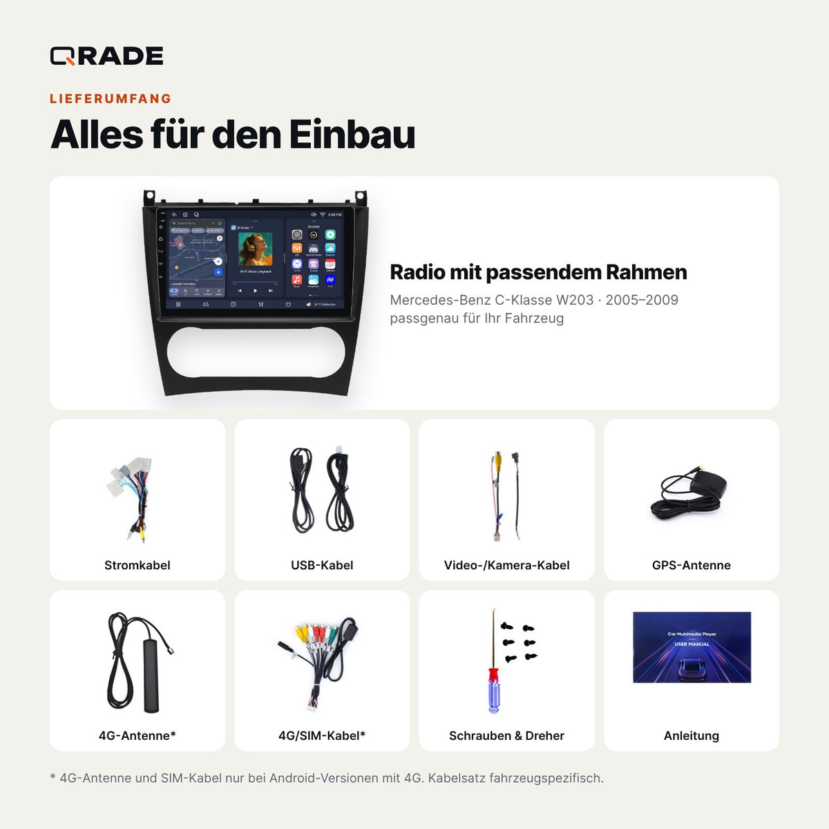 Lieferumfang: Mercedes-Benz C-Klasse W203 (2005–2009) – Qrade Autoradio mit Rahmen und Kabelsatz