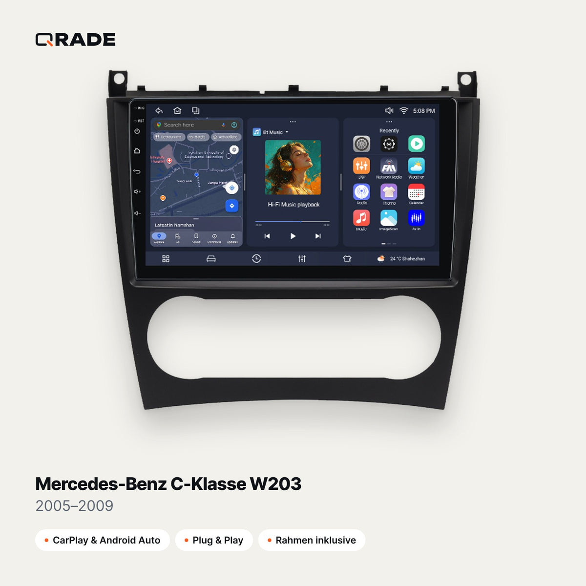 Qrade Autoradio für Mercedes-Benz C-Klasse W203 (2005–2009) mit Wireless CarPlay & Android Auto