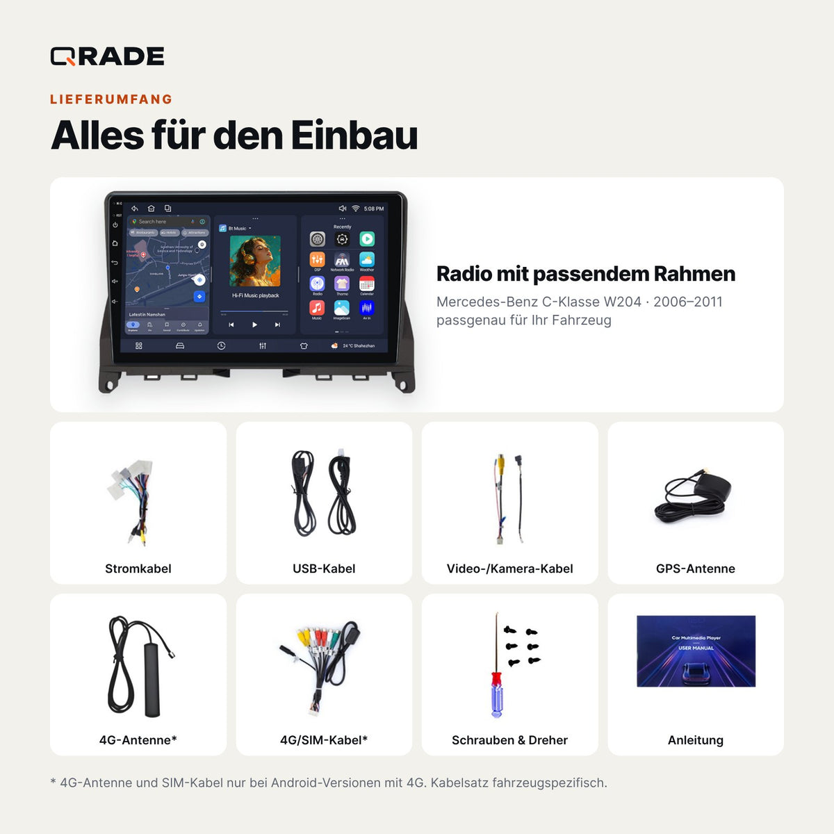 Lieferumfang: Mercedes-Benz C-Klasse W204 (2006–2011) – Qrade Autoradio mit Rahmen und Kabelsatz