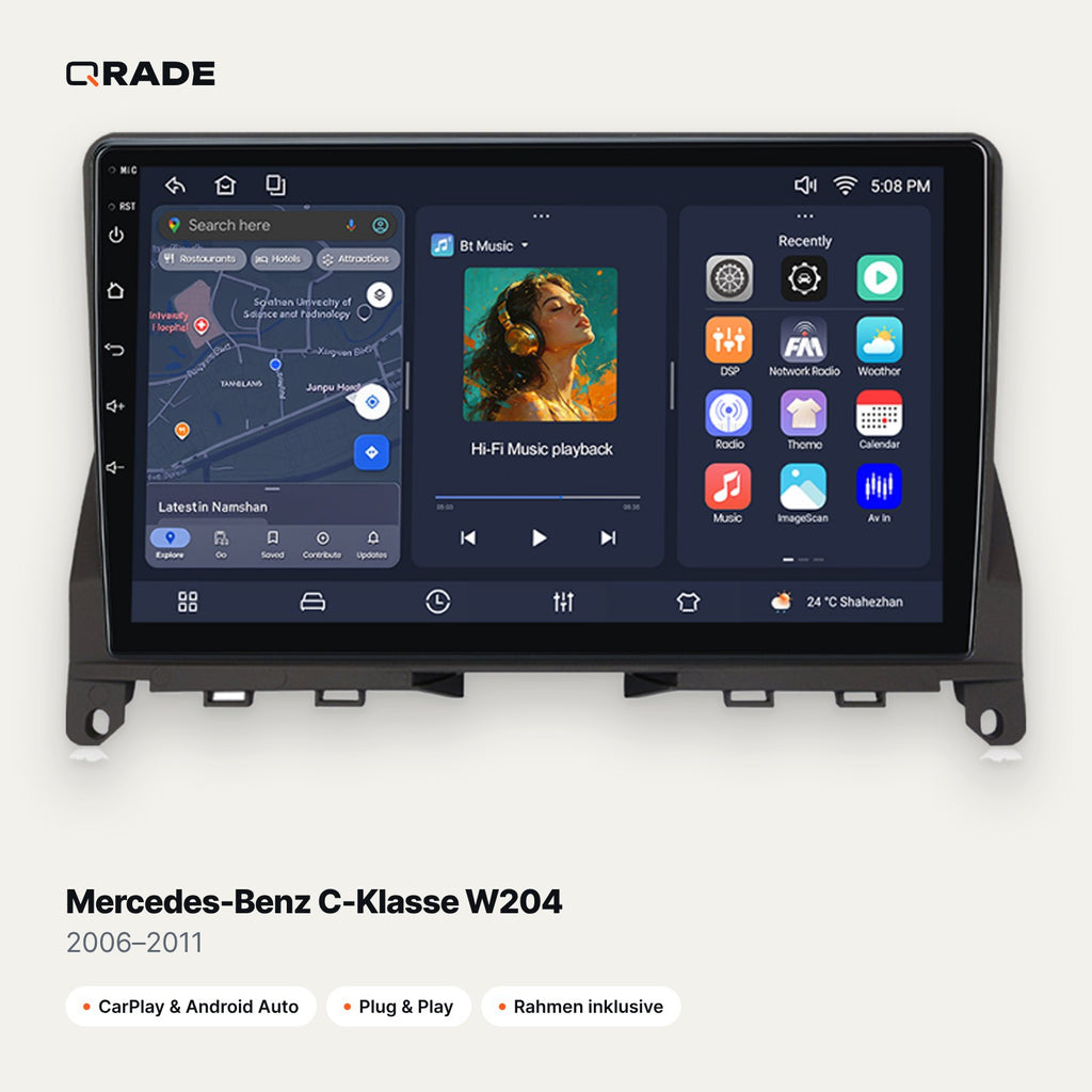 Qrade Autoradio für Mercedes-Benz C-Klasse W204 (2006–2011) mit Wireless CarPlay & Android Auto
