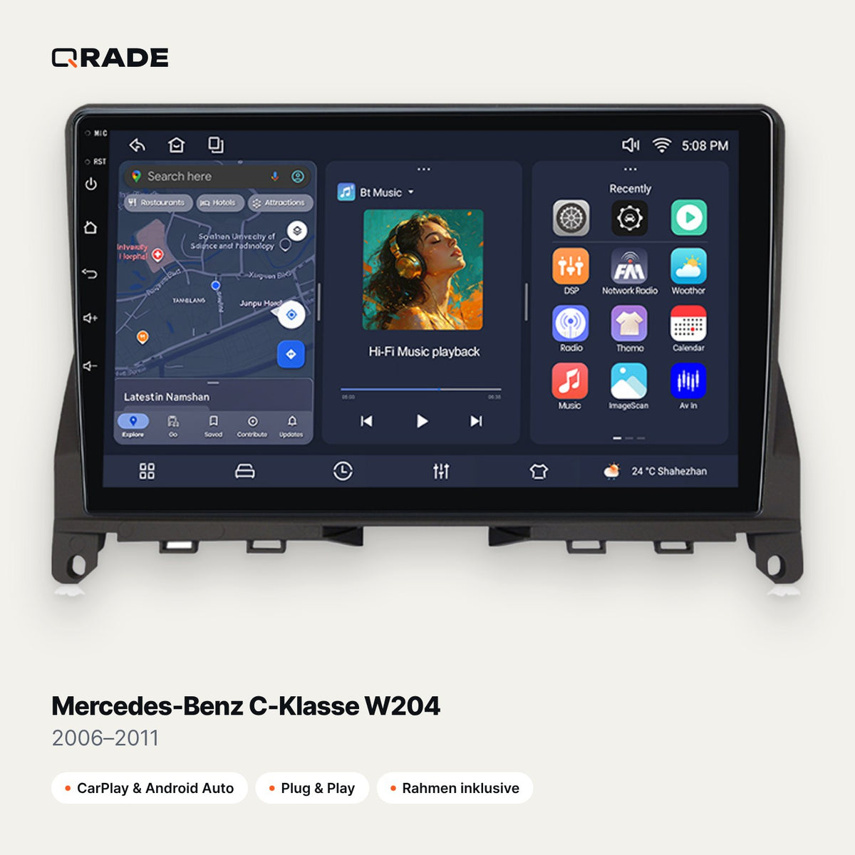 Qrade Autoradio für Mercedes-Benz C-Klasse W204 (2006–2011) mit Wireless CarPlay & Android Auto