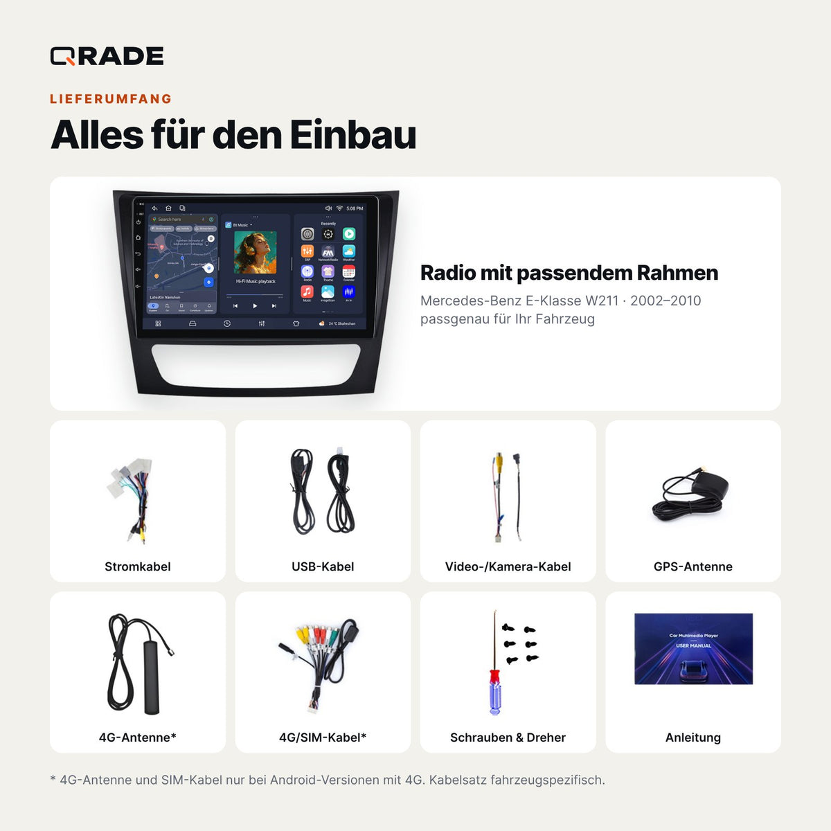 Lieferumfang: Mercedes-Benz E-Klasse W211 (2002–2010) – Qrade Autoradio mit Rahmen und Kabelsatz