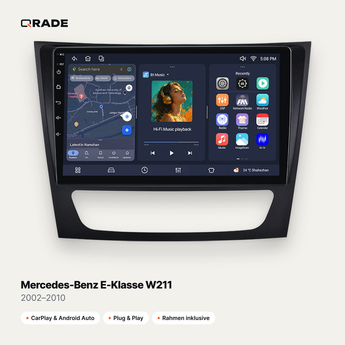 Qrade Autoradio für Mercedes-Benz E-Klasse W211 (2002–2010) mit Wireless CarPlay & Android Auto