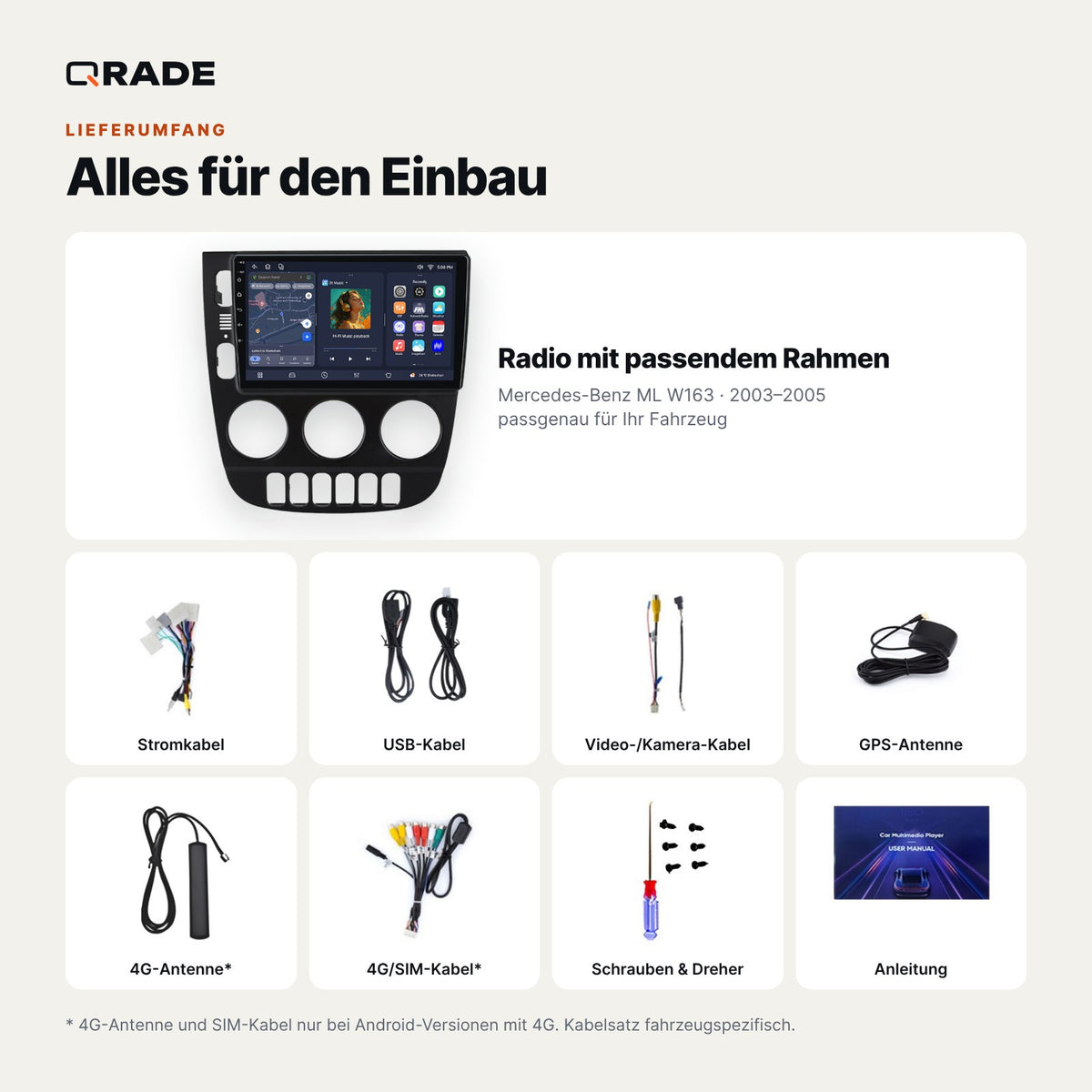 Lieferumfang: Mercedes-Benz ML W163 (2003–2005) – Qrade Autoradio mit Rahmen und Kabelsatz