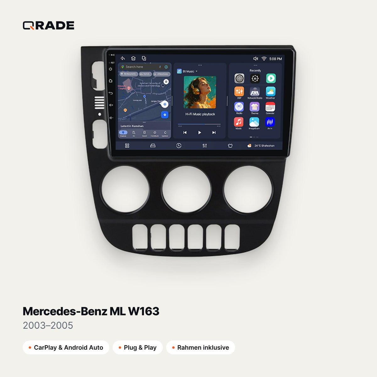 Qrade Autoradio für Mercedes-Benz ML W163 (2003–2005) mit Wireless CarPlay & Android Auto