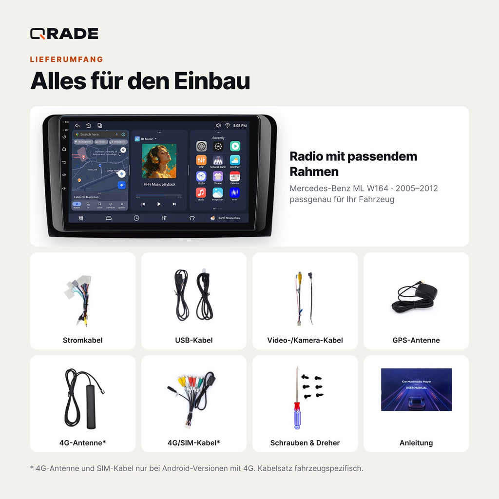 Lieferumfang: Mercedes-Benz ML W164 (2005–2012) – Qrade Autoradio mit Rahmen und Kabelsatz