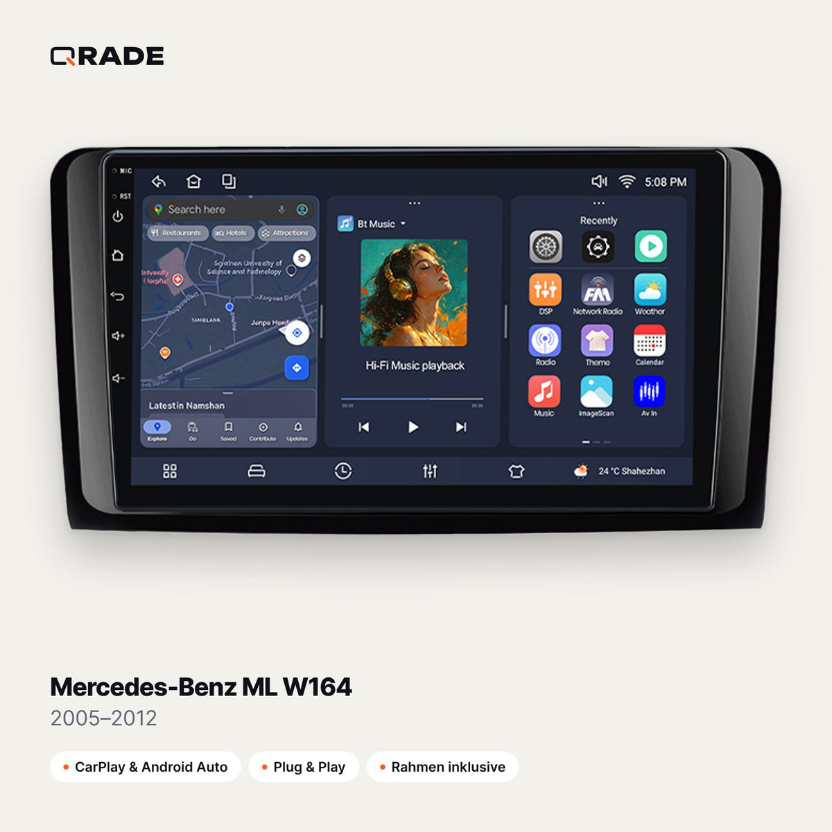 Qrade Autoradio für Mercedes-Benz ML W164 (2005–2012) mit Wireless CarPlay & Android Auto