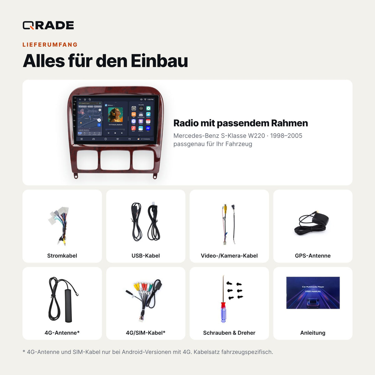Lieferumfang: Mercedes-Benz S-Klasse W220 (1998–2005) – Qrade Autoradio mit Rahmen und Kabelsatz