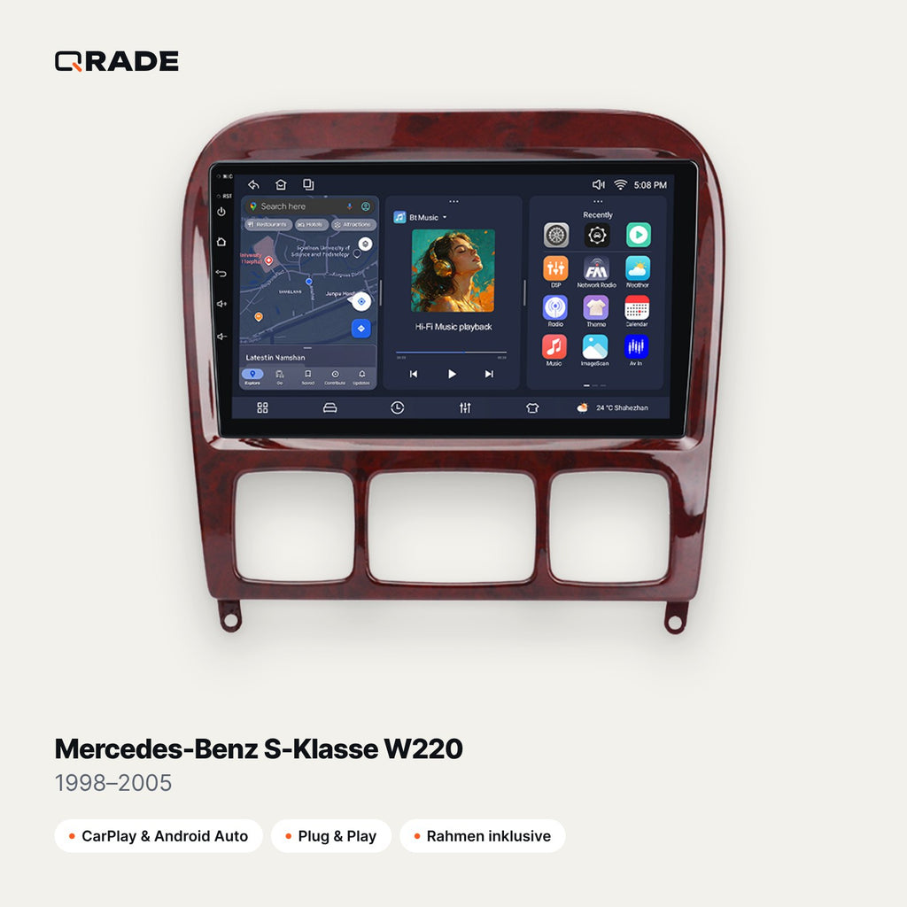 Qrade Autoradio für Mercedes-Benz S-Klasse W220 (1998–2005) mit Wireless CarPlay & Android Auto