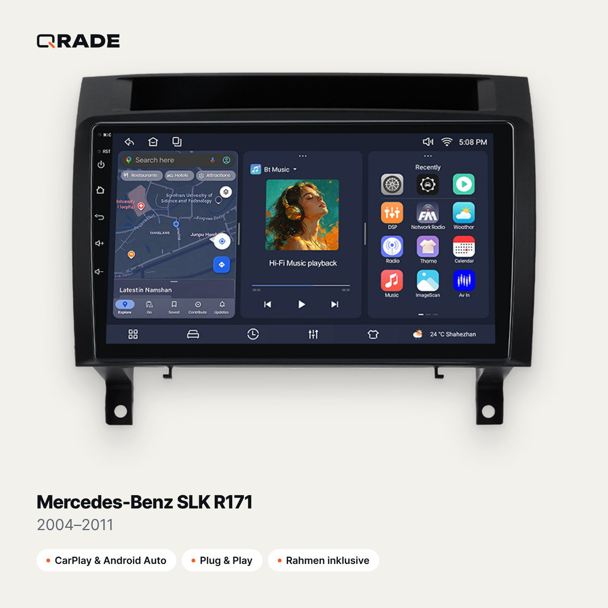 Qrade Autoradio für Mercedes-Benz SLK R171 (2004–2011) mit Wireless CarPlay & Android Auto