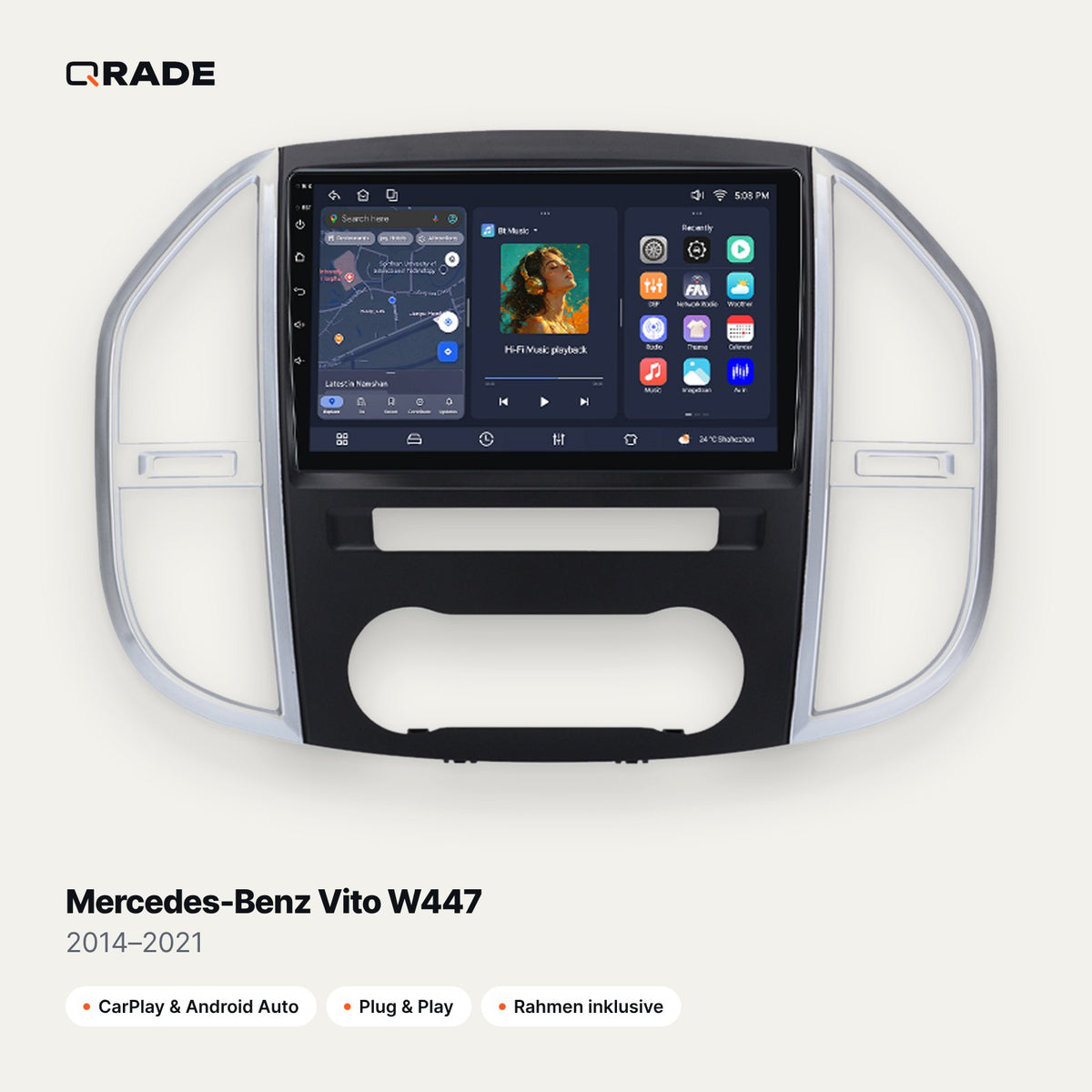 Qrade Autoradio für Mercedes-Benz Vito W447 (2014–2021) mit Wireless CarPlay & Android Auto