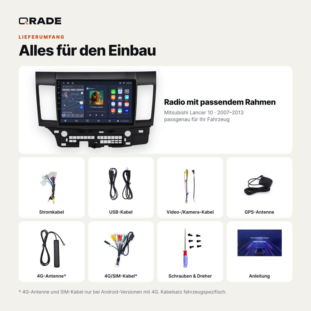 Lieferumfang: Mitsubishi Lancer 10 (2007–2013) – Qrade Autoradio mit Rahmen und Kabelsatz