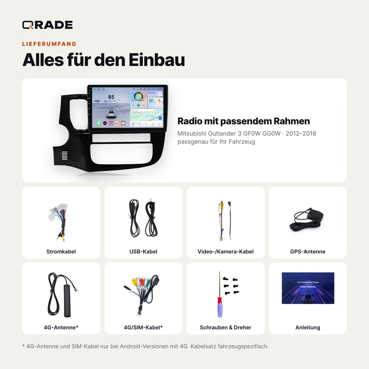 Mitsubishi Outlander 3 (2012–2018) – Autoradio mit Wireless CarPlay & Android Auto (Rahmen OUTLANDER A)