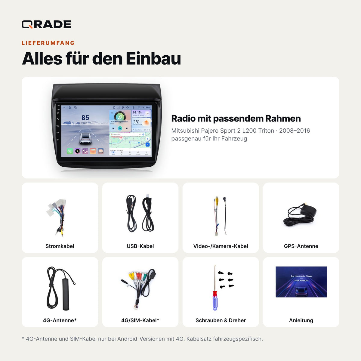Mitsubishi Pajero Sport 2 / L200 (2008–2016) – Autoradio mit Wireless CarPlay & Android Auto