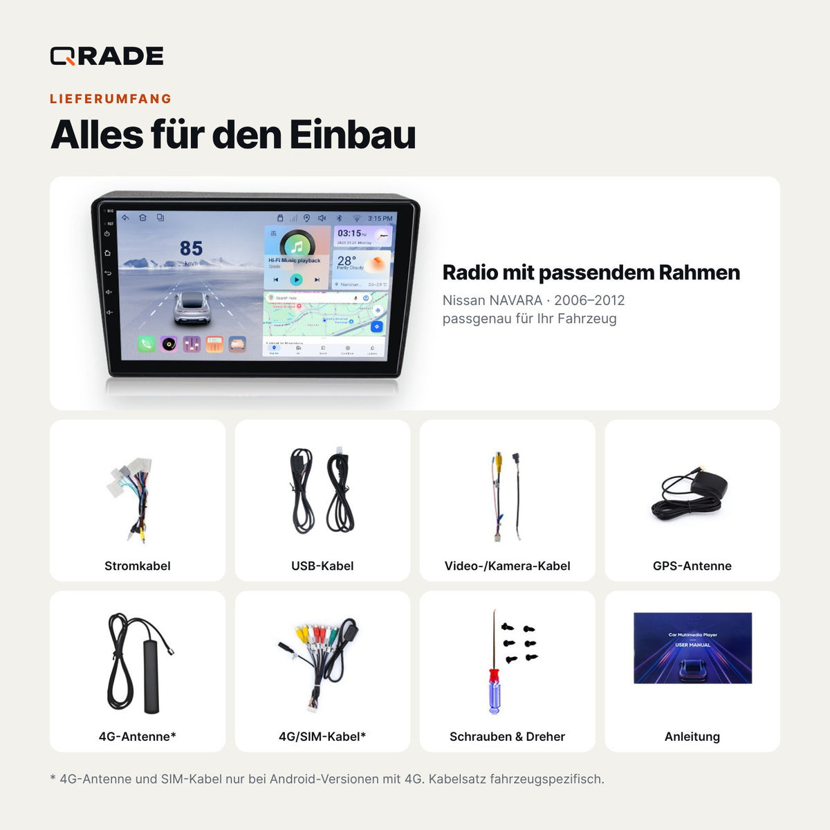 Nissan Navara D40 (2006–2012) – Autoradio mit Wireless CarPlay & Android Auto (Rahmen NAVARA612-2)