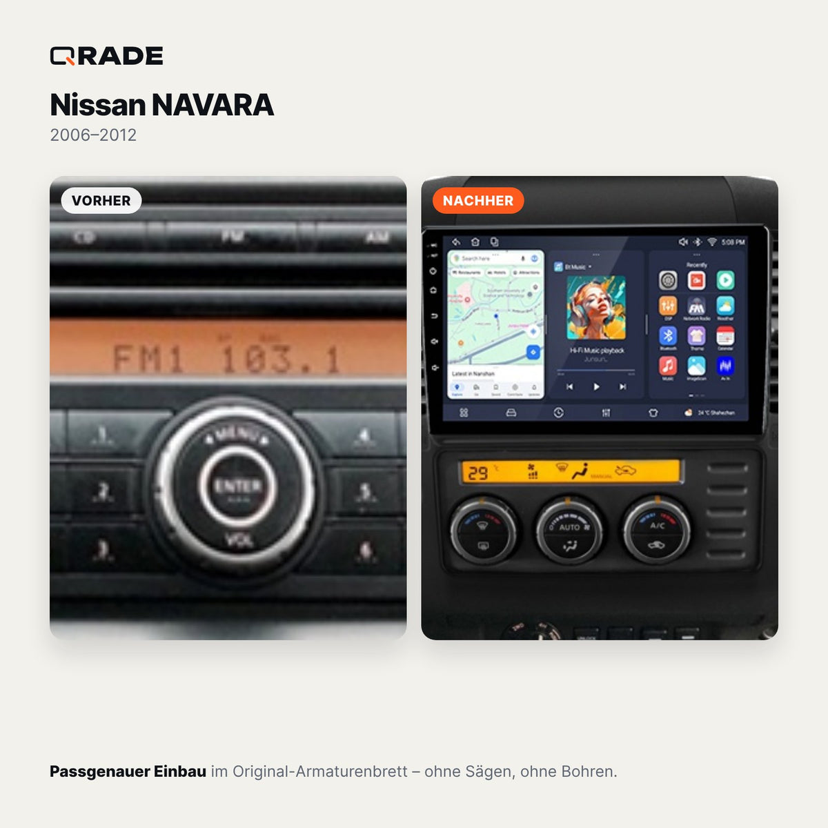 Nissan Navara D40 (2006–2012) – Autoradio mit Wireless CarPlay & Android Auto (Rahmen NAVARA612-2)