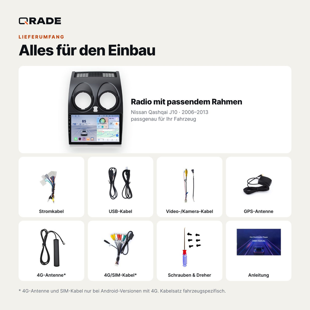 Nissan Qashqai J10 (2006–2013) – Autoradio mit Wireless CarPlay & Android Auto (Rahmen QASHQAI063 A)