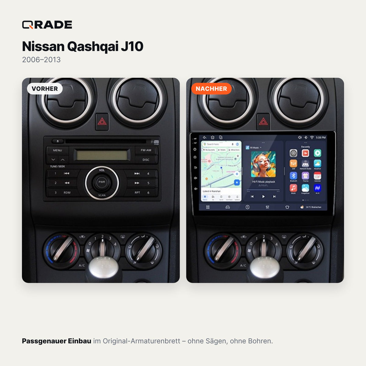 Nissan Qashqai J10 (2006–2013) – Autoradio mit Wireless CarPlay & Android Auto (Rahmen QASHQAI063 A)