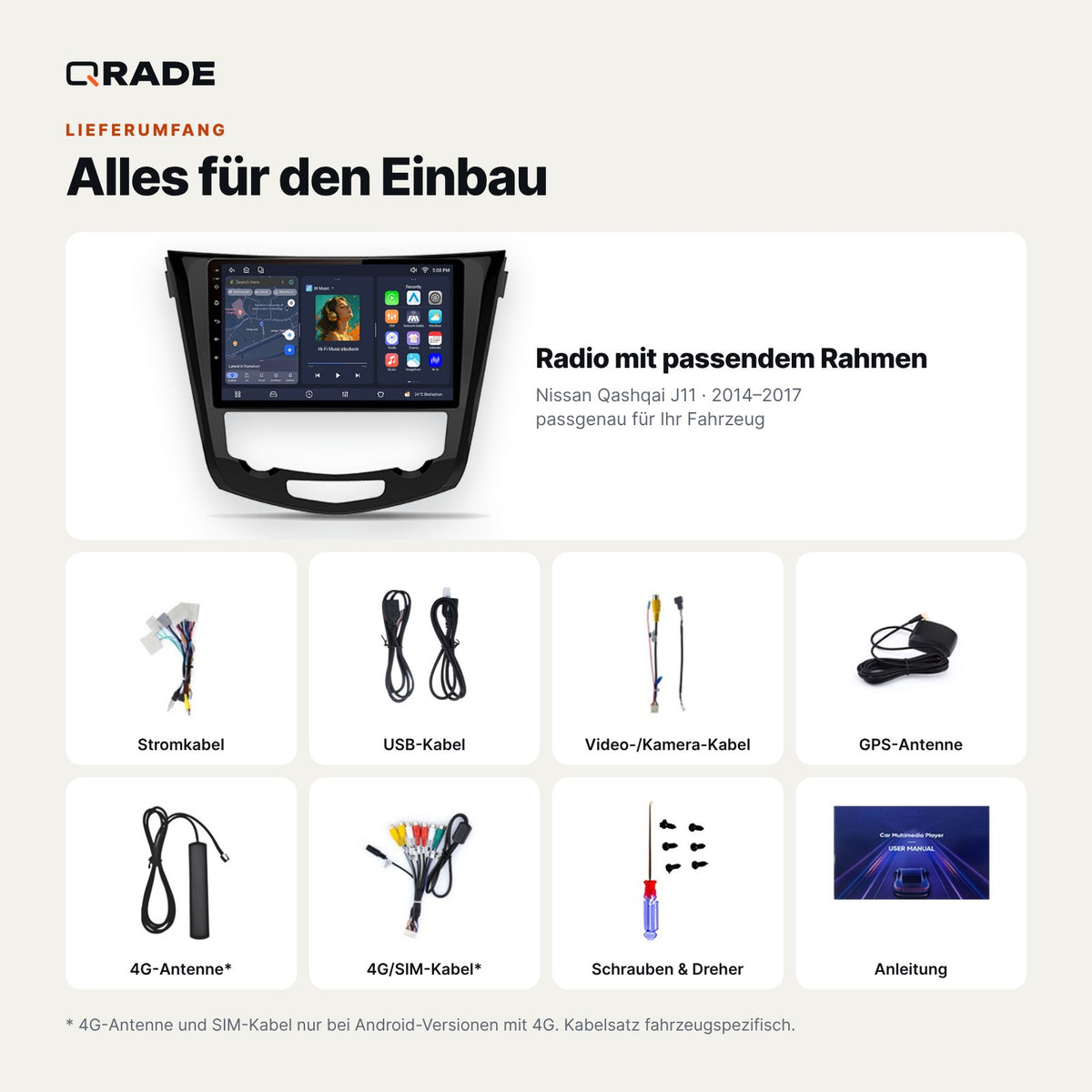 Lieferumfang: Nissan Qashqai J11 (2014–2017) – Qrade Autoradio mit Rahmen und Kabelsatz