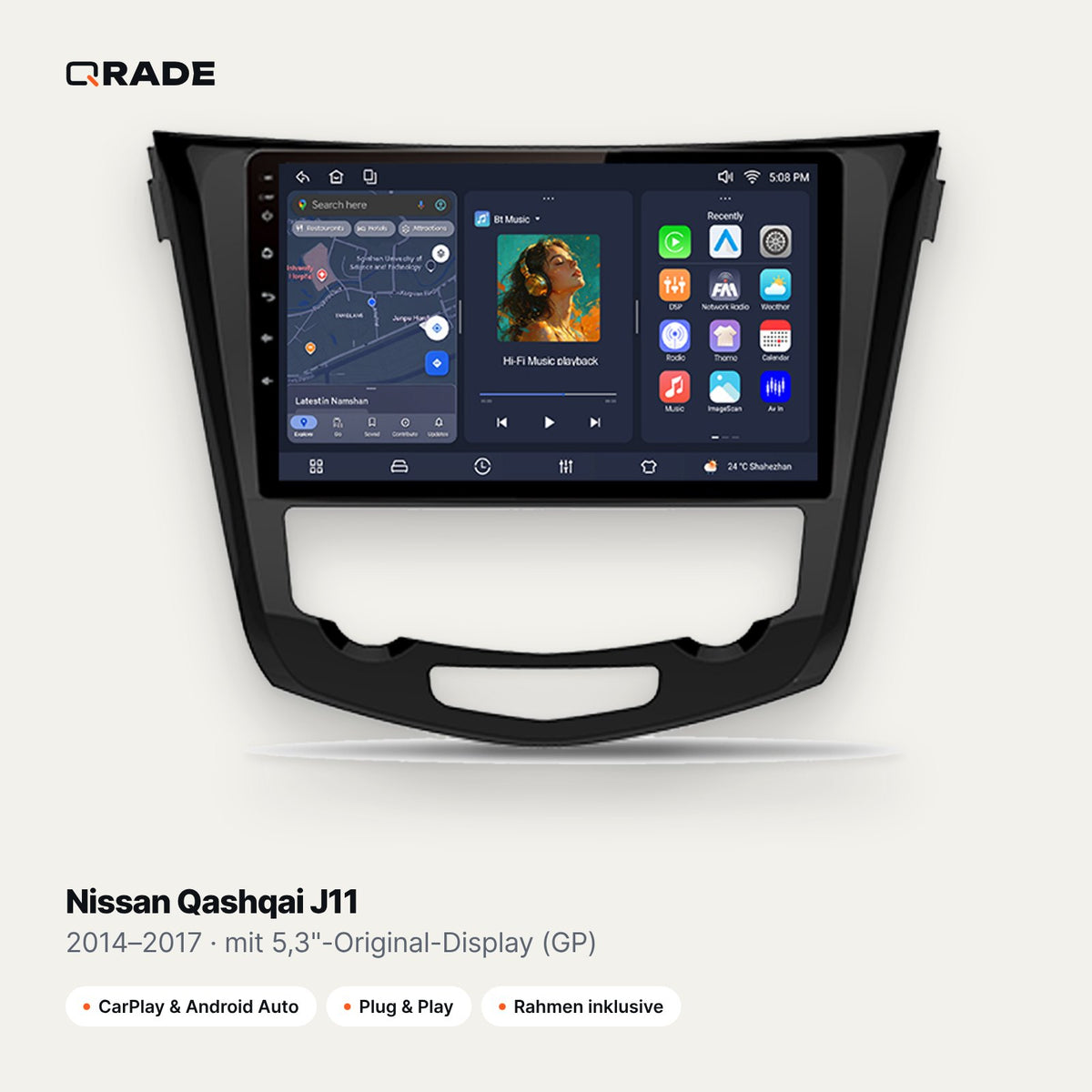 Qrade Autoradio für Nissan Qashqai J11 (2014–2017), mit 5,3"-Original-Display (GP) mit Wireless CarPlay & Android Auto