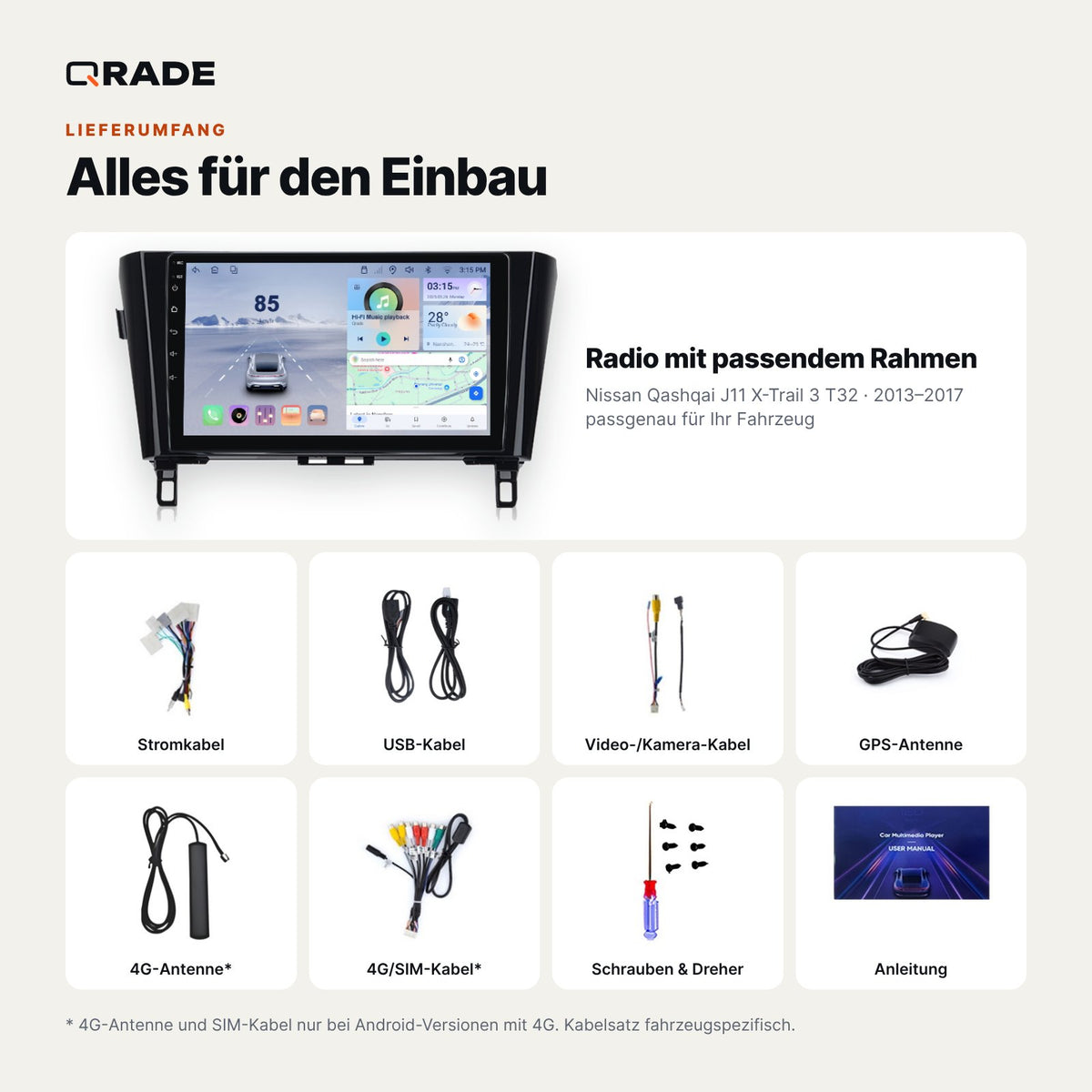 Nissan Qashqai J11 / X-Trail T32 (2013–2017) – Autoradio mit Wireless CarPlay & Android Auto (Rahmen Qashqai145 A/B)