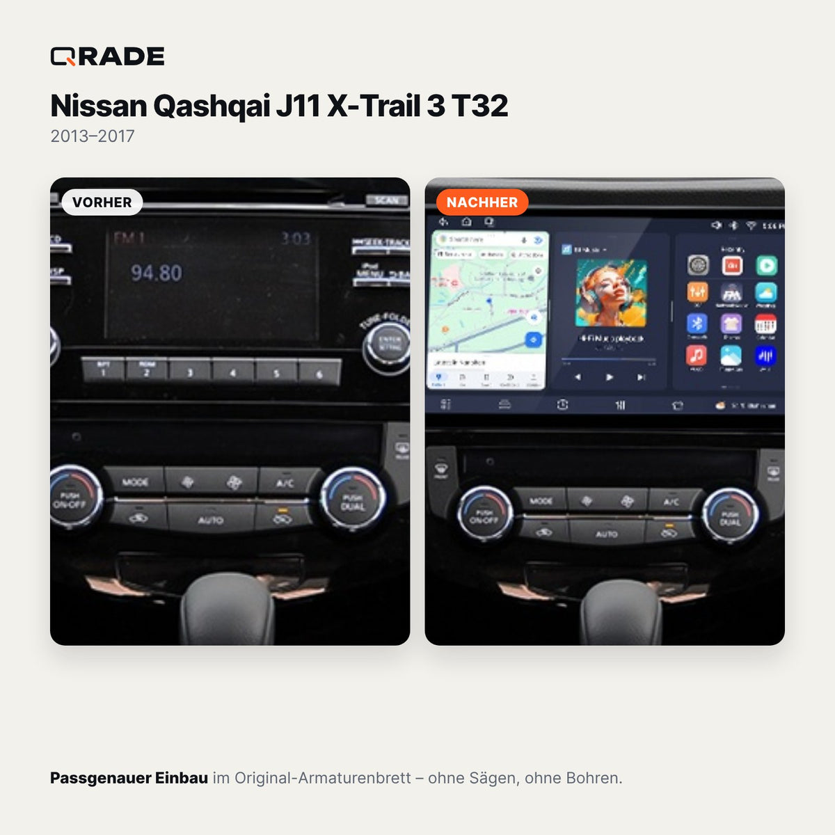 Nissan Qashqai J11 / X-Trail T32 (2013–2017) – Autoradio mit Wireless CarPlay & Android Auto (Rahmen Qashqai145 A/B)