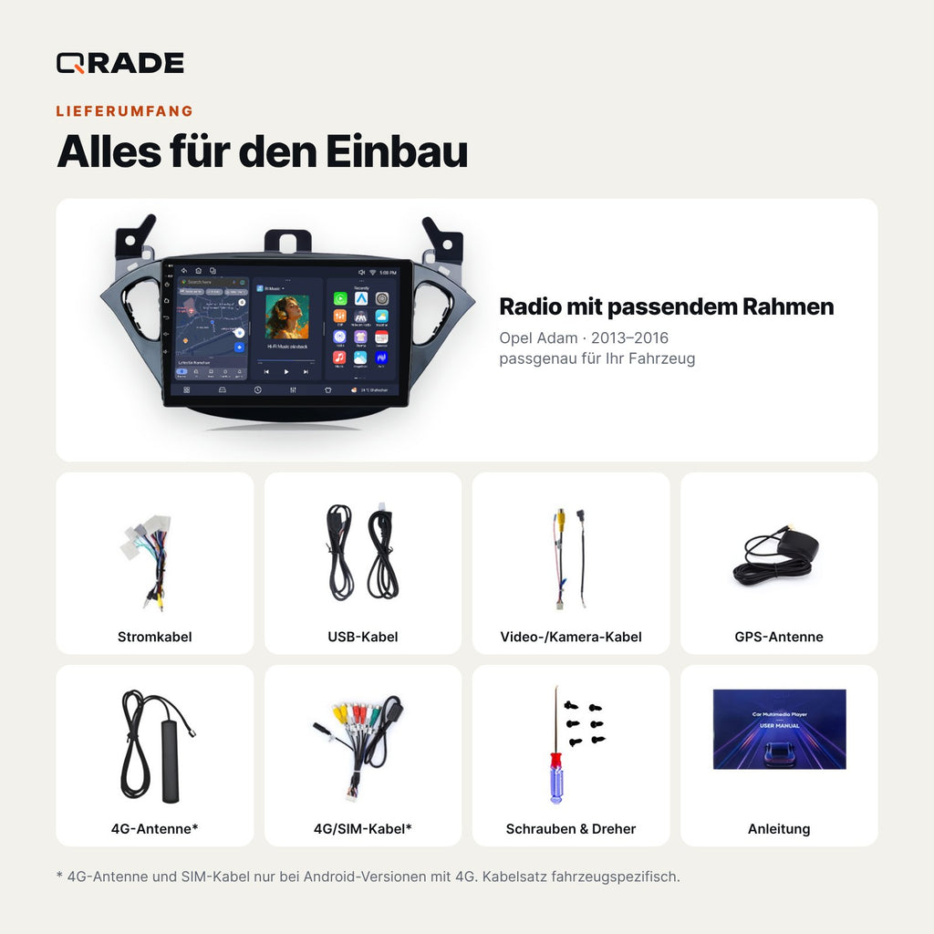 Lieferumfang: Opel Adam (2013–2016) – Qrade Autoradio mit Rahmen und Kabelsatz