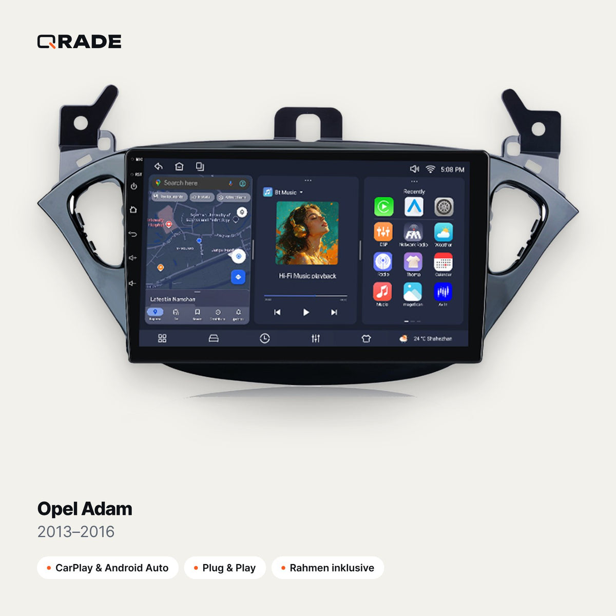 Qrade Autoradio für Opel Adam (2013–2016) mit Wireless CarPlay & Android Auto