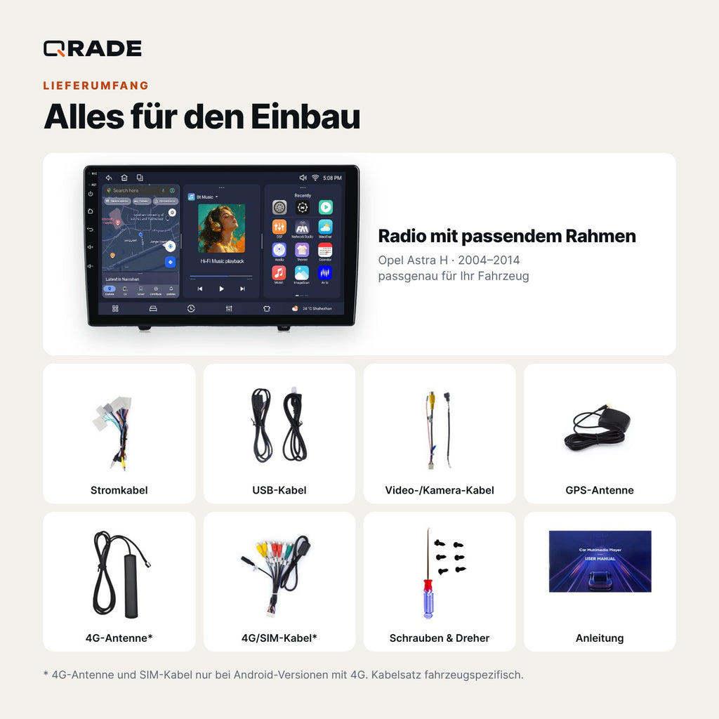 Lieferumfang: Opel Astra H (2004–2014) – Qrade Autoradio mit Rahmen und Kabelsatz