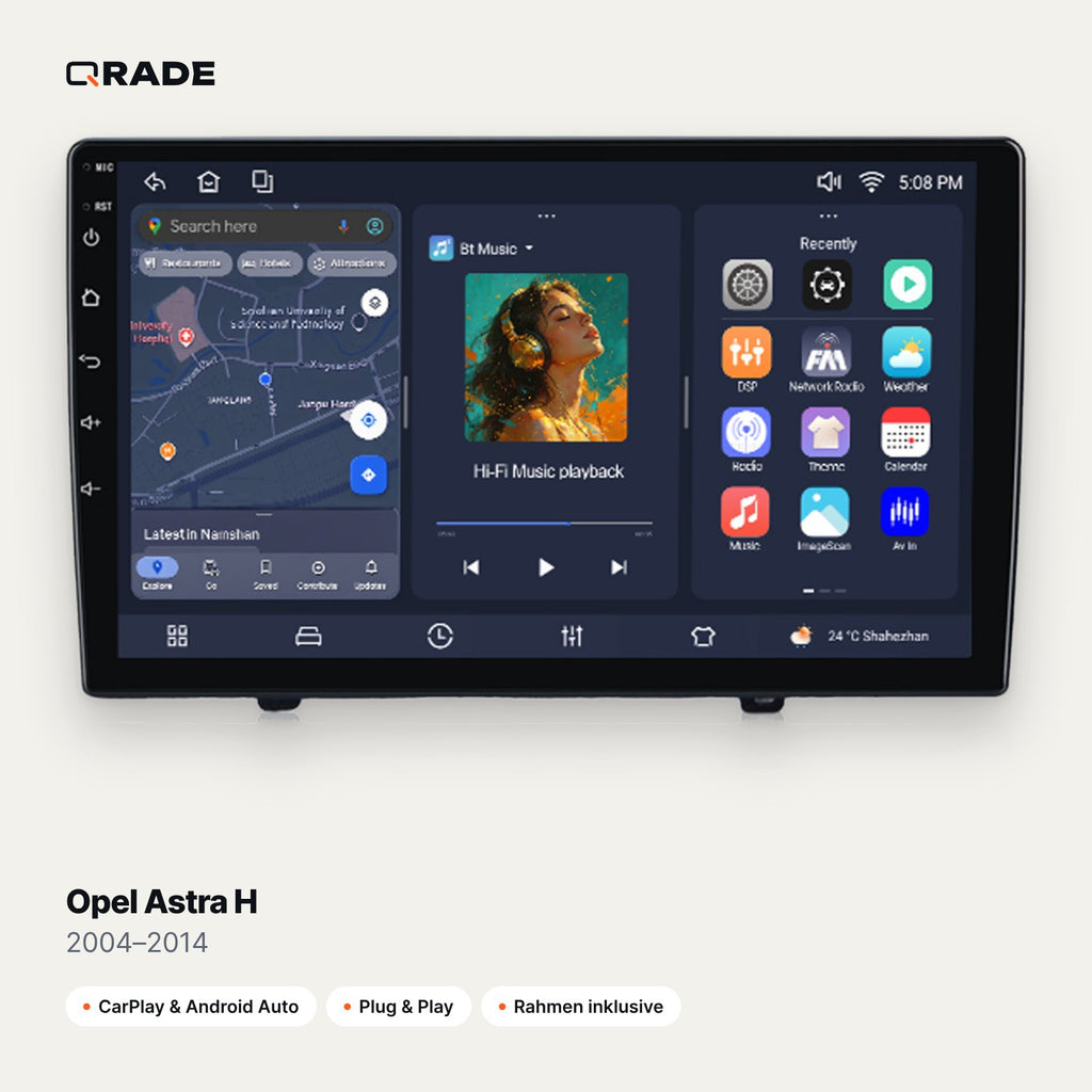 Qrade Autoradio für Opel Astra H (2004–2014) mit Wireless CarPlay & Android Auto